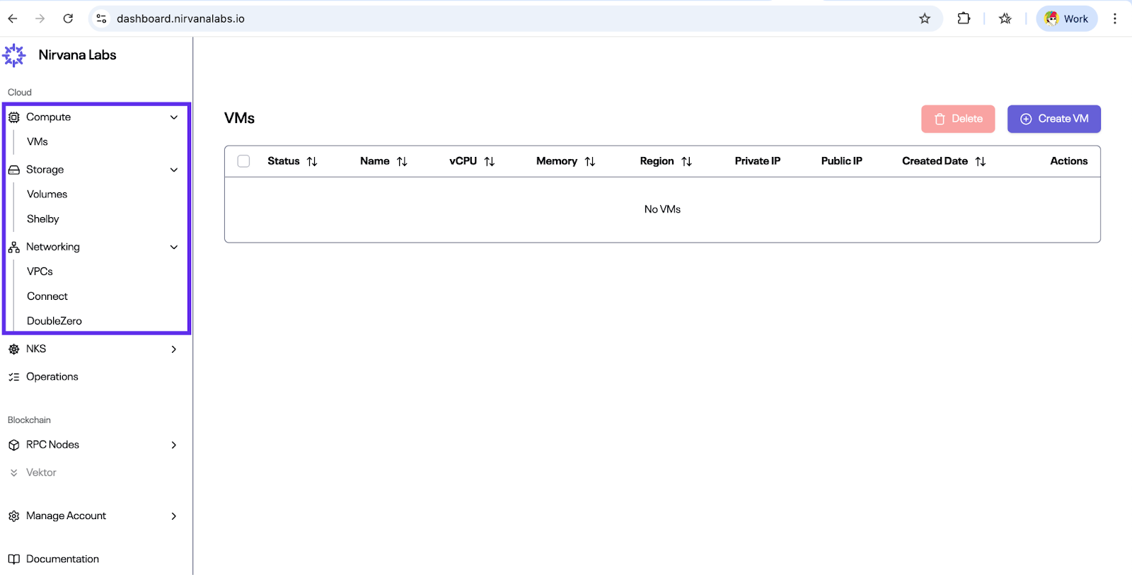 Navigation panel showing Compute, Storage, and Networking options