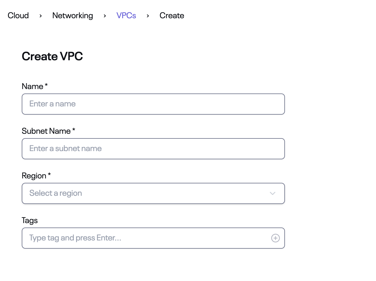 Empty VPCs table with Create VPC button