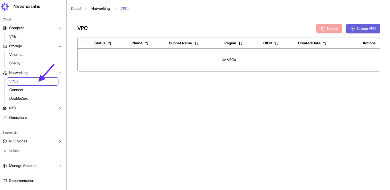 Navigating to VPCs section