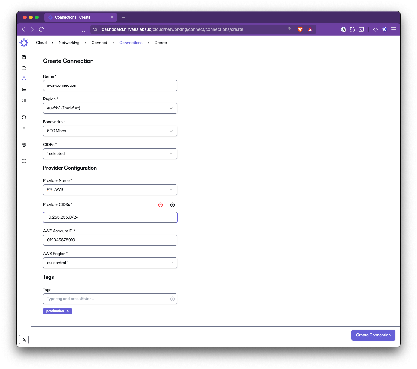 Connection creation form