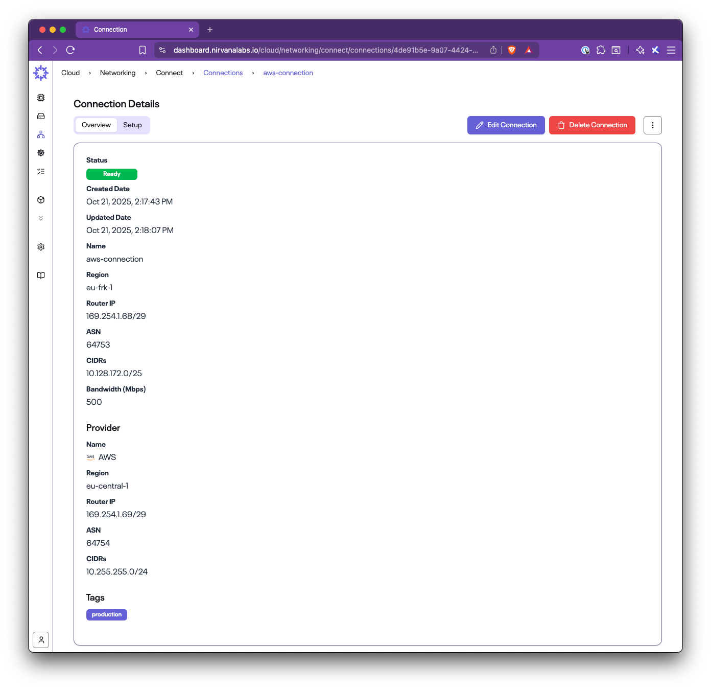 Connection details view showing technical parameters