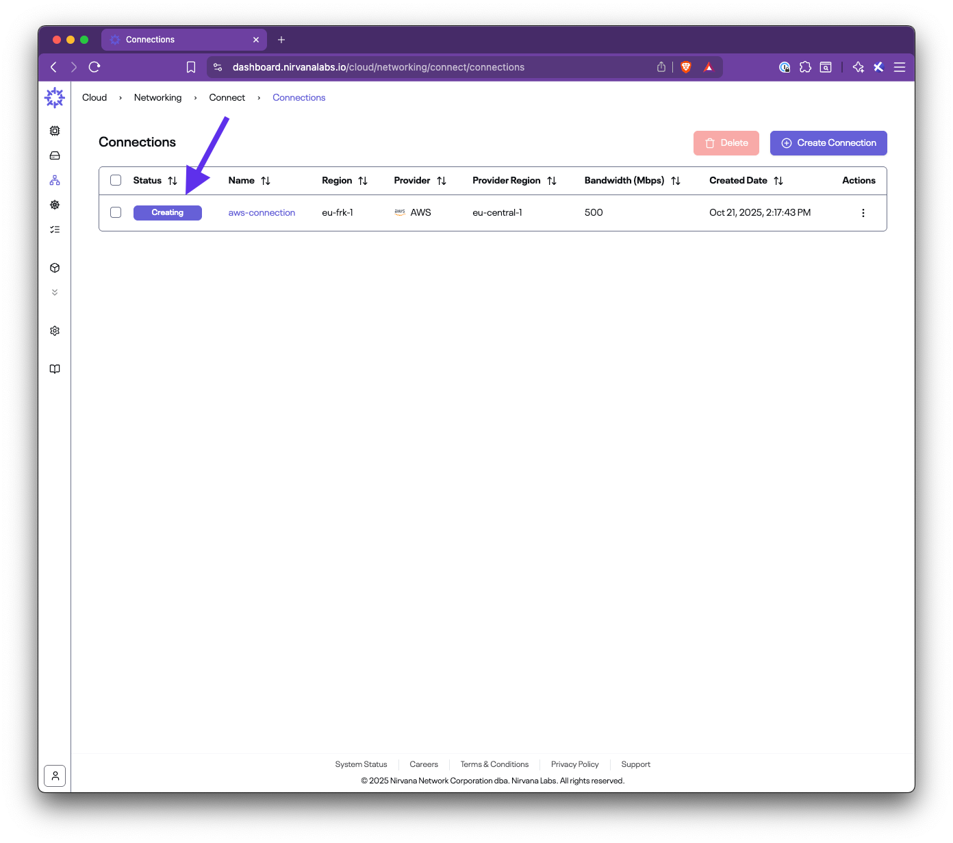 Connection with Creating status