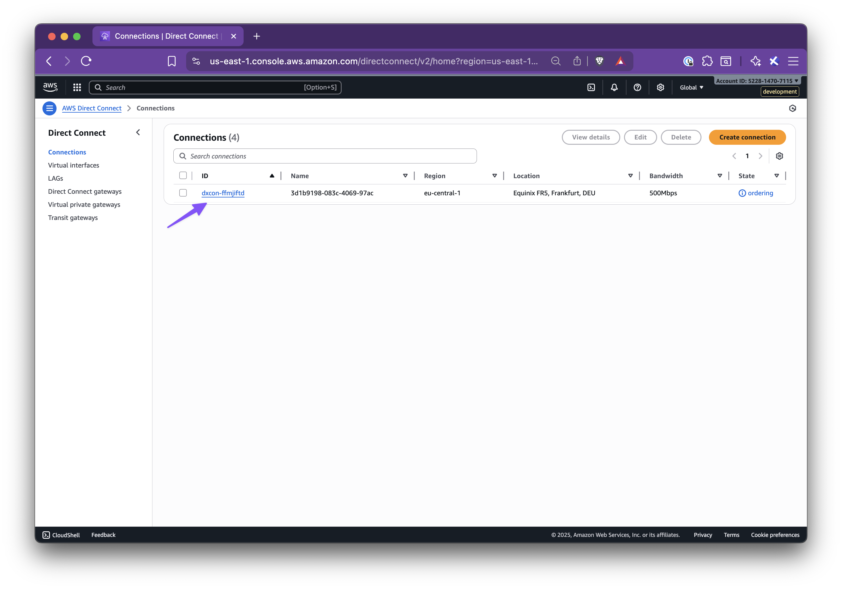 AWS Direct Connect acceptance instructions - Step 1