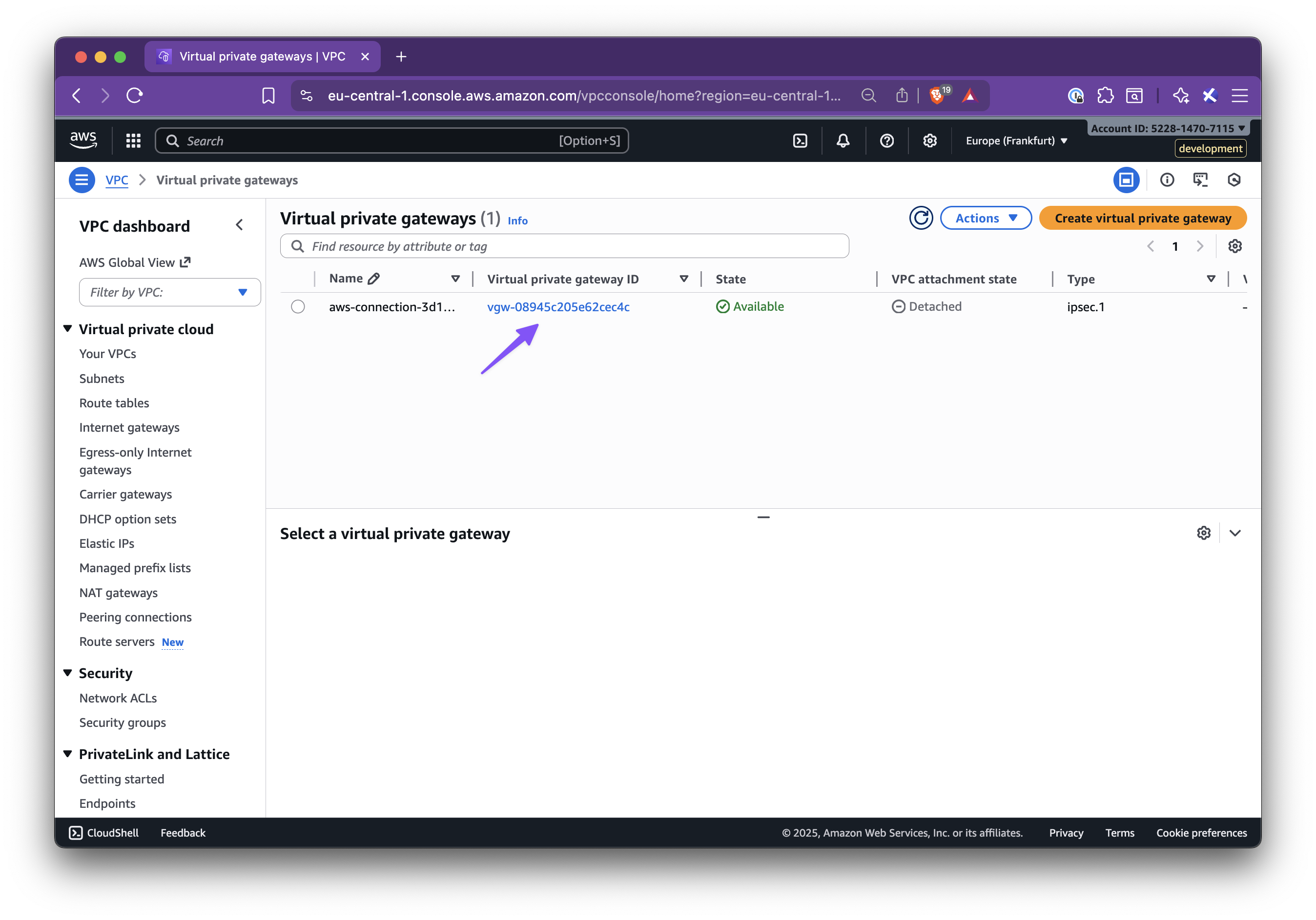 VGW attachment to VPC instructions - Step 1