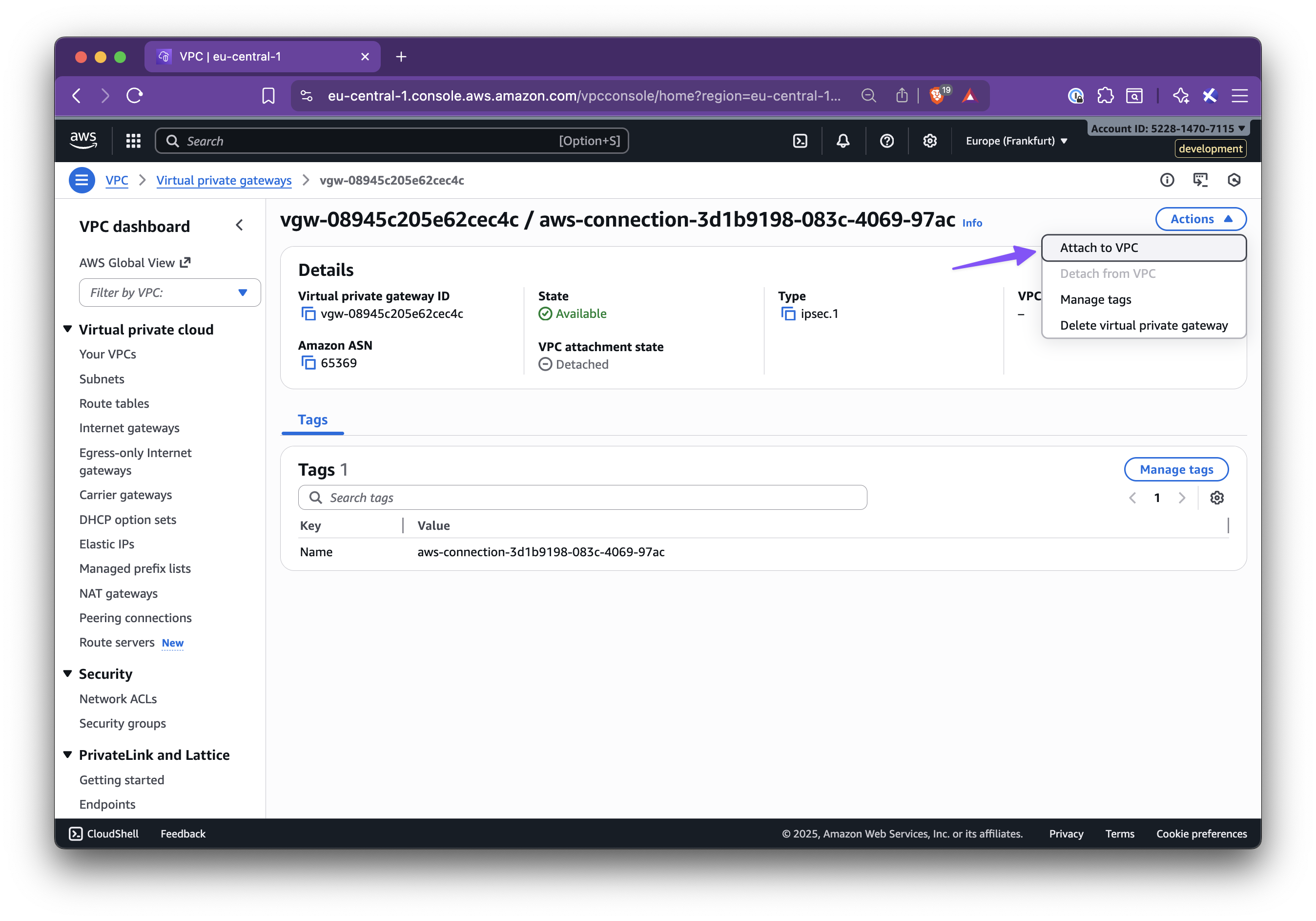 VGW attachment to VPC instructions - Step 2