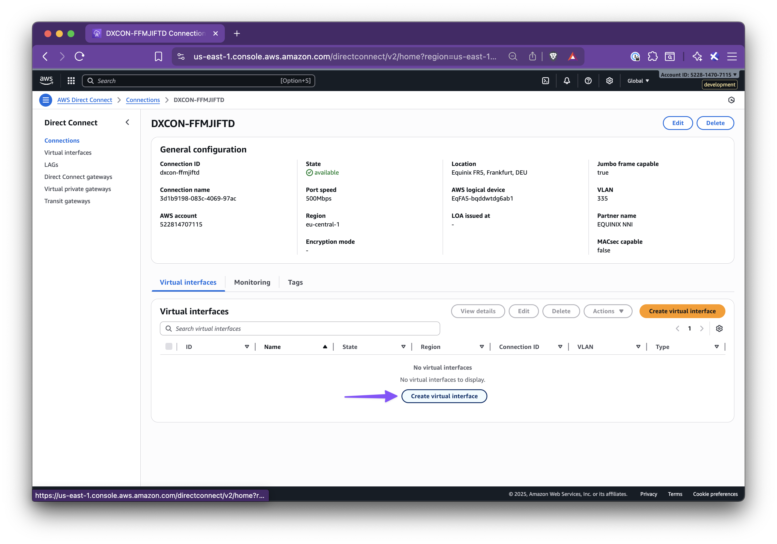 Private Virtual Interface creation steps - Step 1