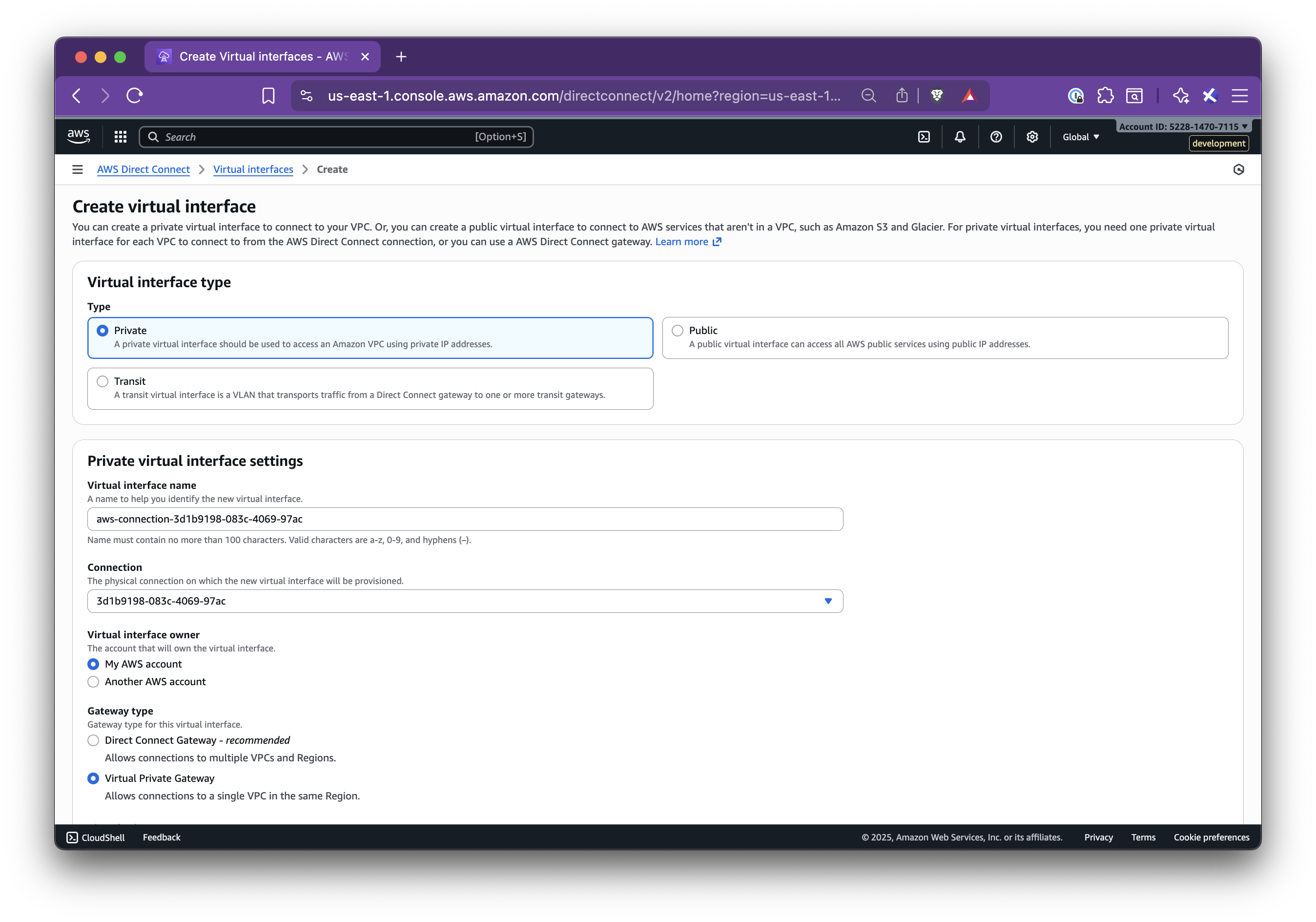 Private Virtual Interface creation steps - Step 2