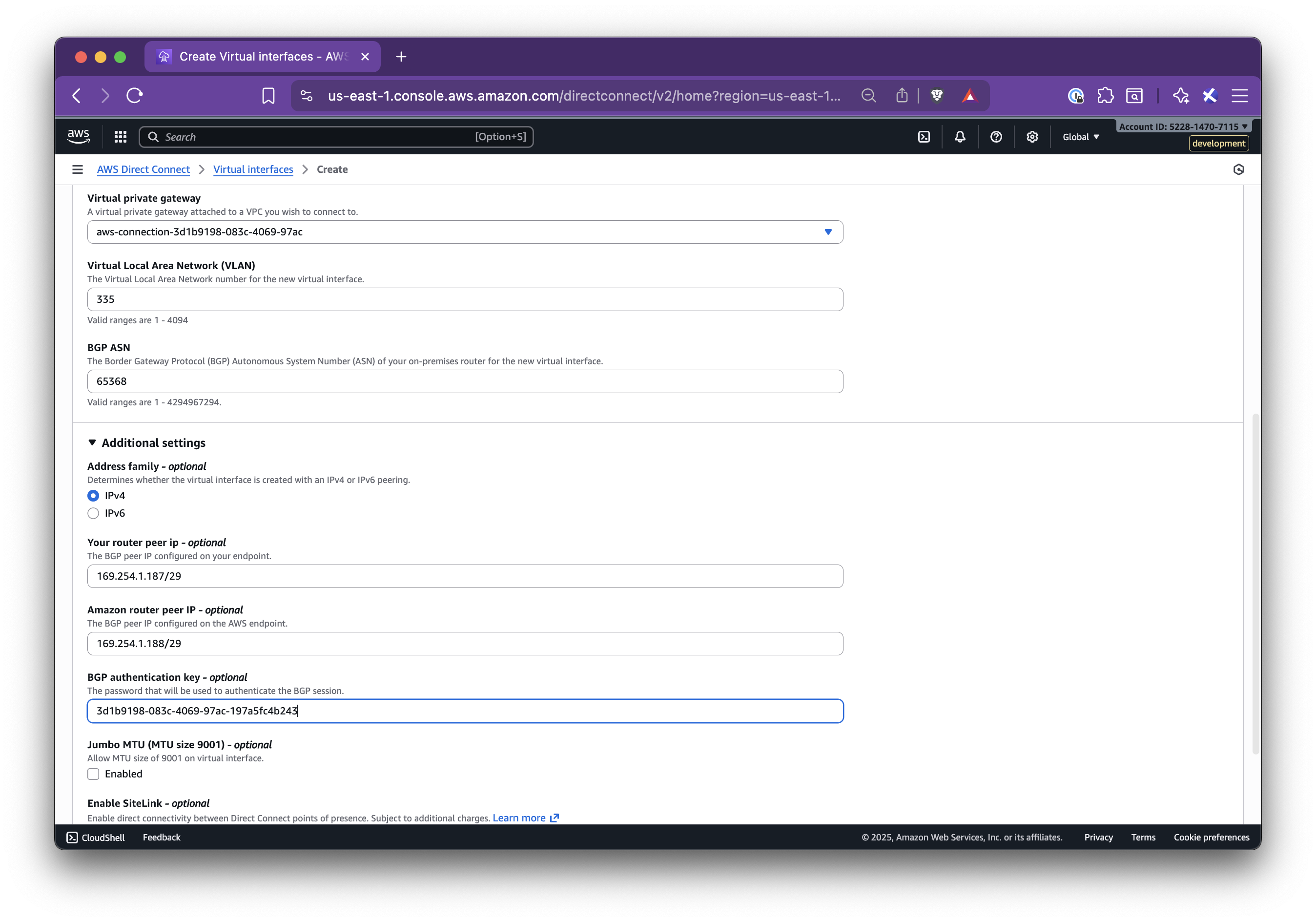 Private Virtual Interface creation steps - Step 3