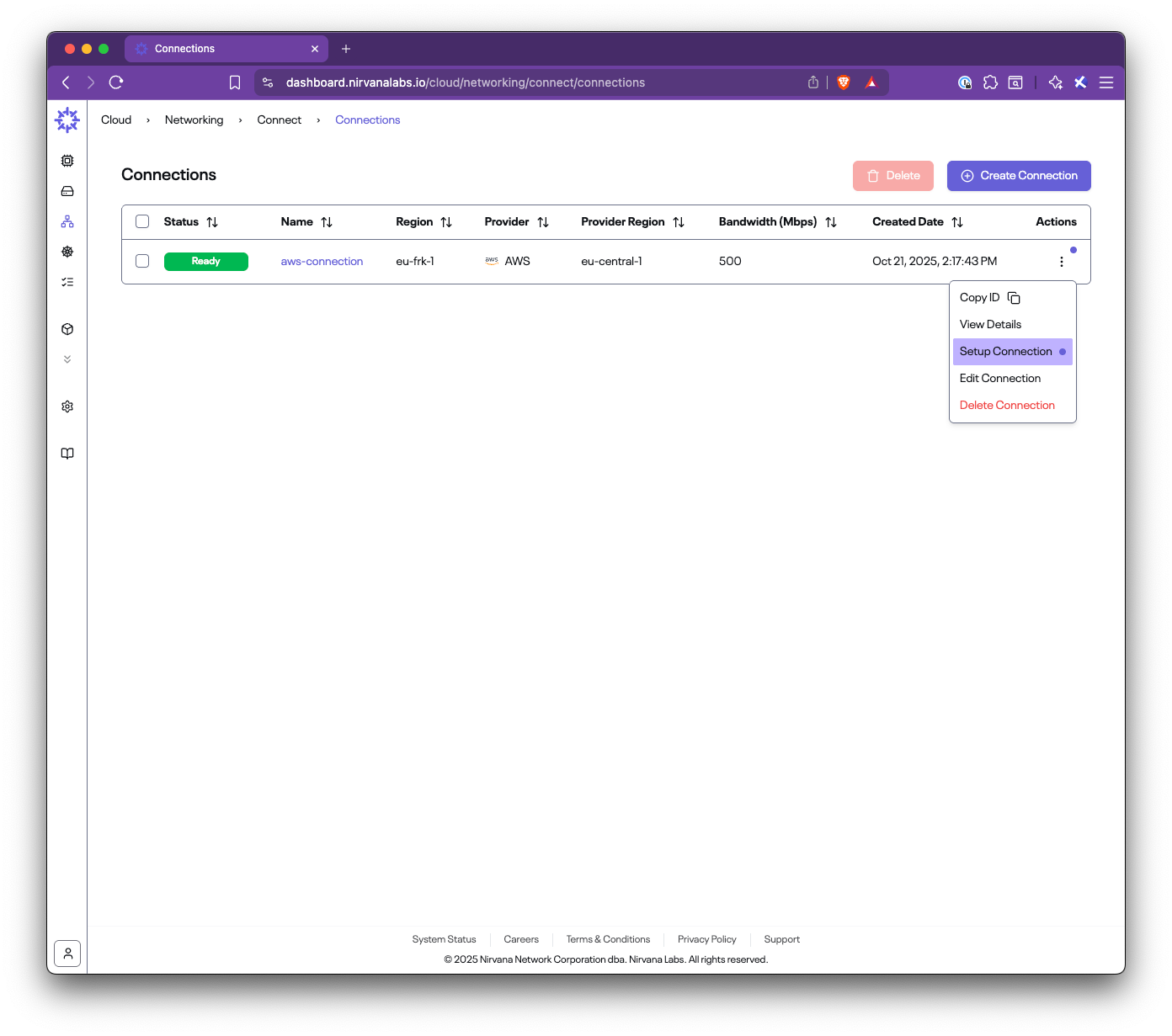 Setup Connection action in the menu